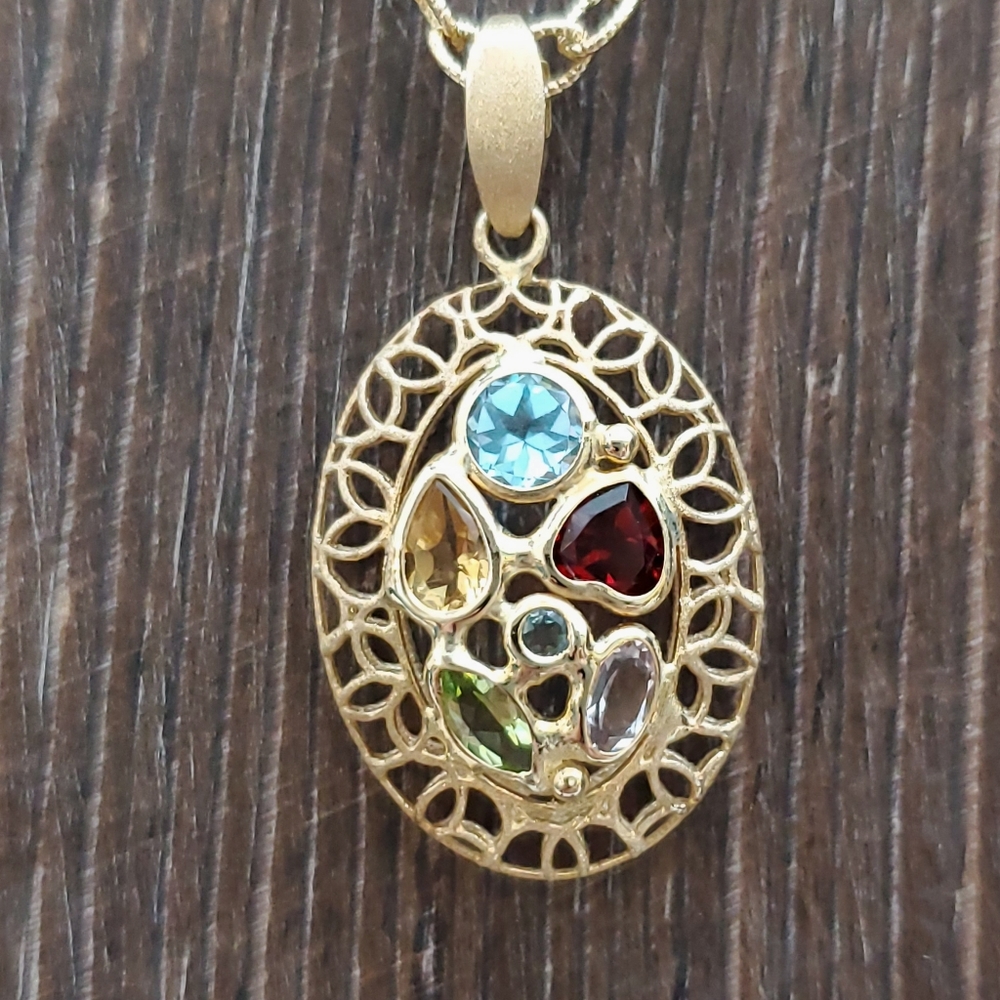 Italian 14K Gold Multi Stone Necklace - Picture 2 of 7